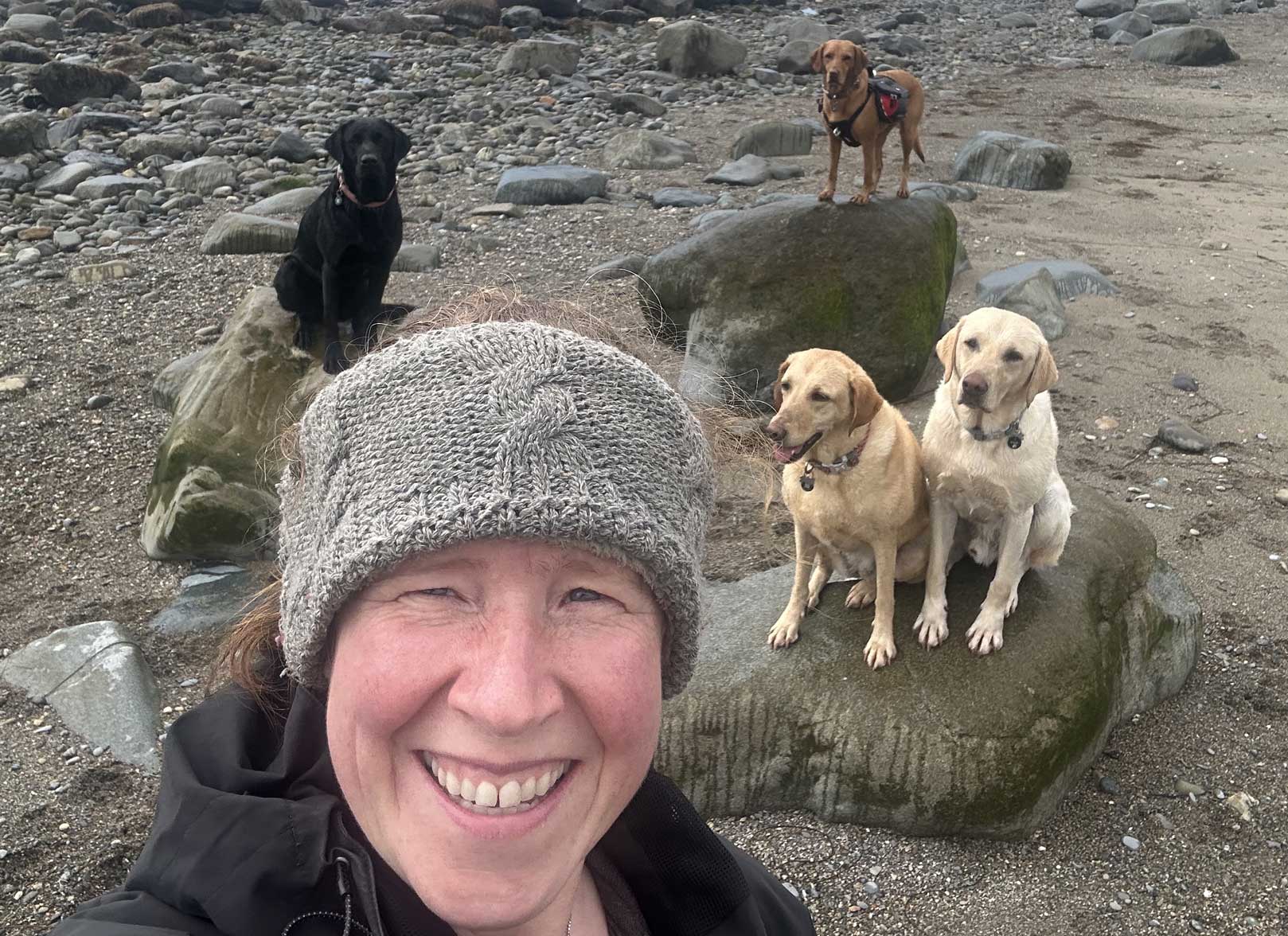Jenny in a field with a group of dogs sitting in front of her.